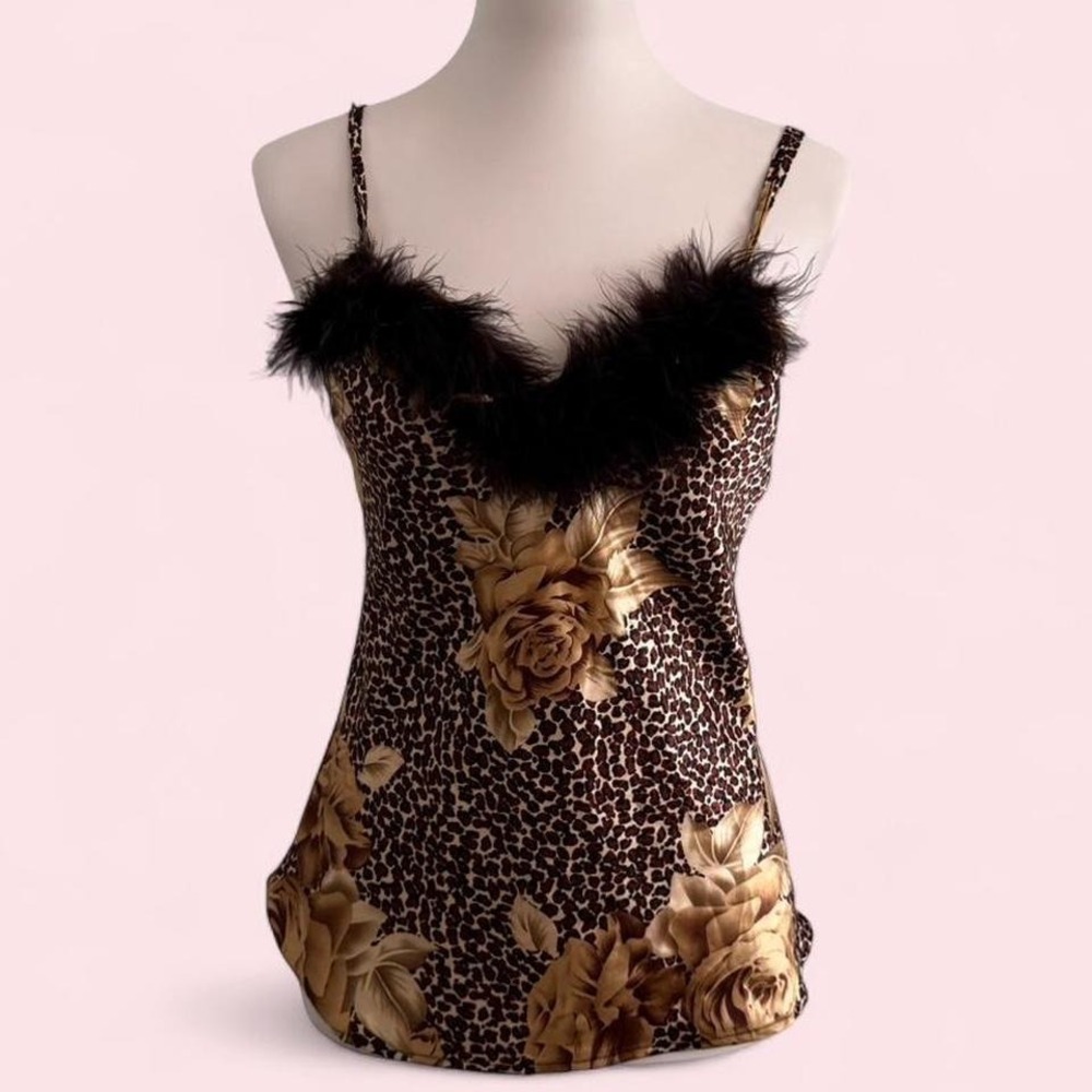 Vintage Y2K‎ leopard & rose print satin top with removable feather trim Small